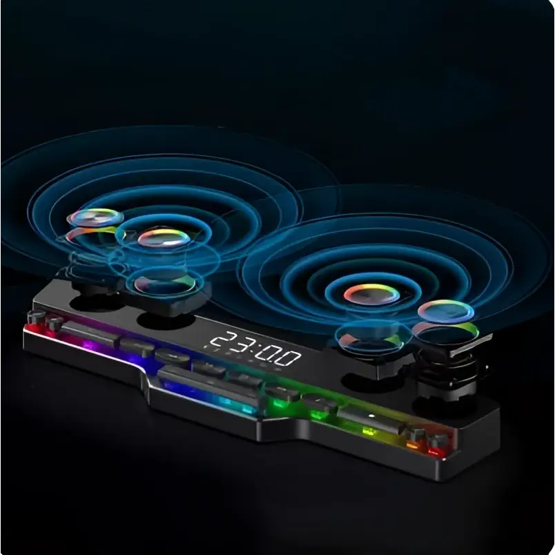 Black dual-speaker audio base with rgb lighting and digital display featuring wireless bluetooth speaker for rgb gaming keyboard