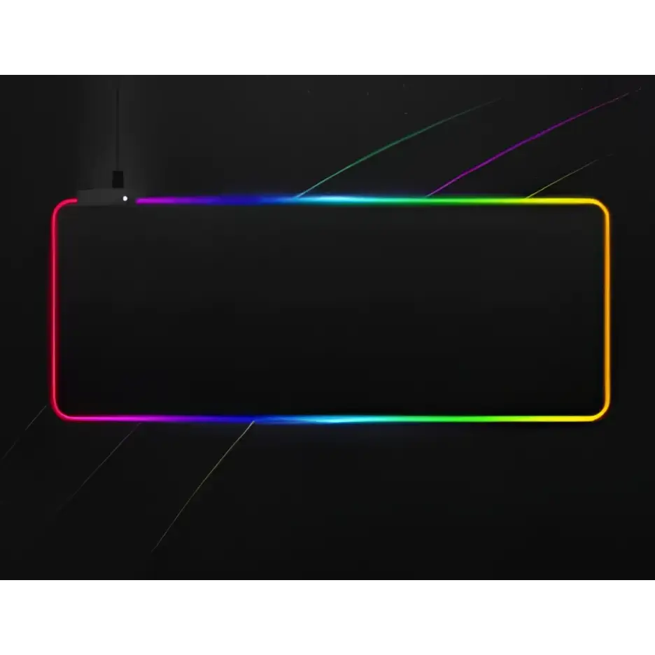 A sleek black rectangular rgb led luminous mouse pad with a vibrant rainbow led light border for gaming