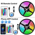 Rgb led strip lights with black adhesive backing showing vibrant rainbow colors and ir remote and app control for desktop screen