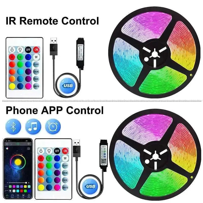 Rgb led strip lights with black adhesive backing showing vibrant rainbow colors and ir remote and app control for desktop screen