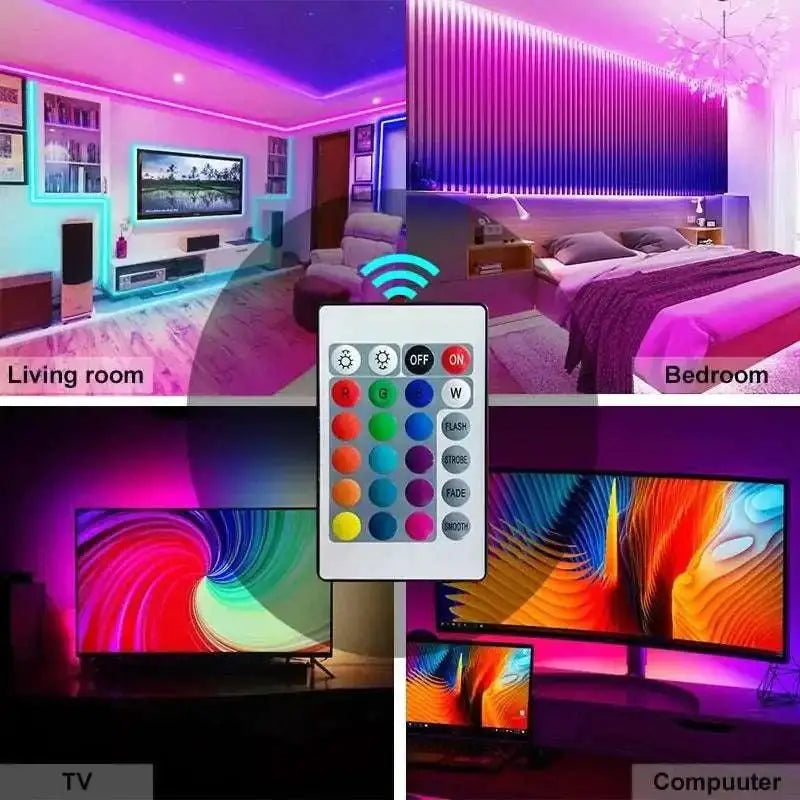 Wireless remote control for rgb led strip lights with white plastic casing and colorful buttons for tv desktop use