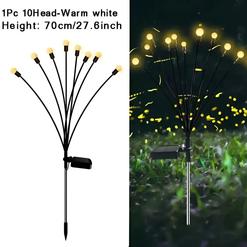 Rgb six head solar firefly lights garden stakes featuring a black solar-powered light with ten warm white led bulbs arranged fan-like