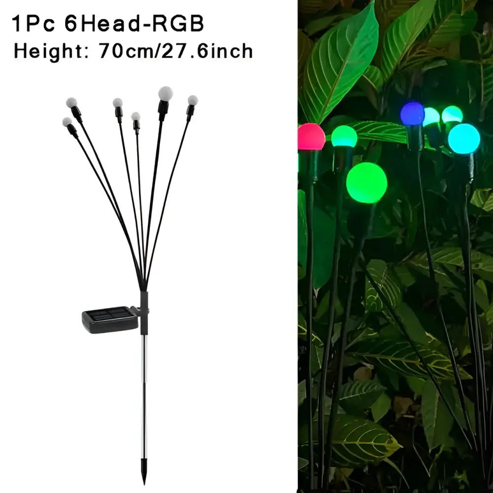 Rgb six head solar firefly lights garden stakes with black flexible arms and colorful illuminated spheres for outdoor décor