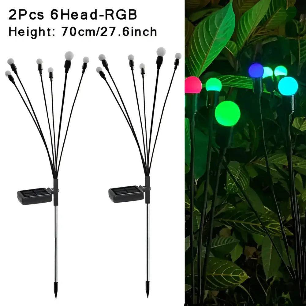 Set of two black rgb solar firefly lights with six colorful led heads each for garden stake use