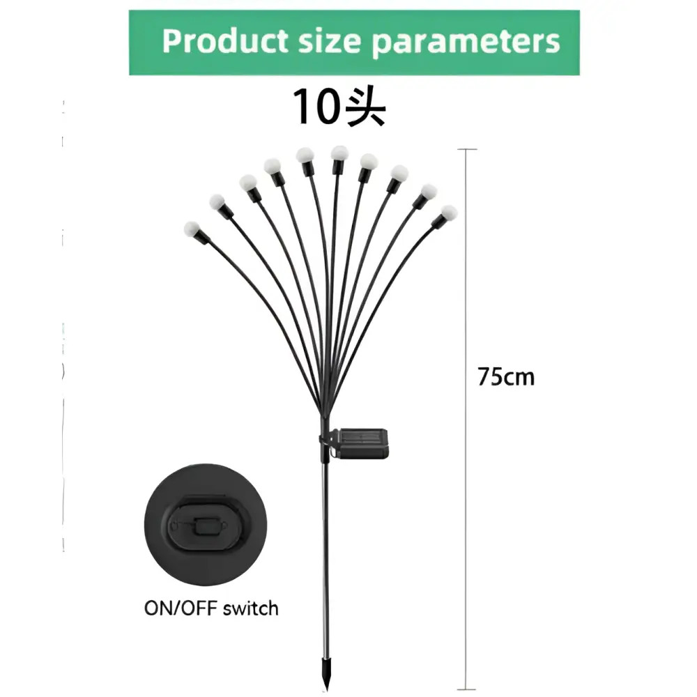 Black solar-powered garden stake with ten white led lights in a fan shape for rgb solar firefly lights garden use