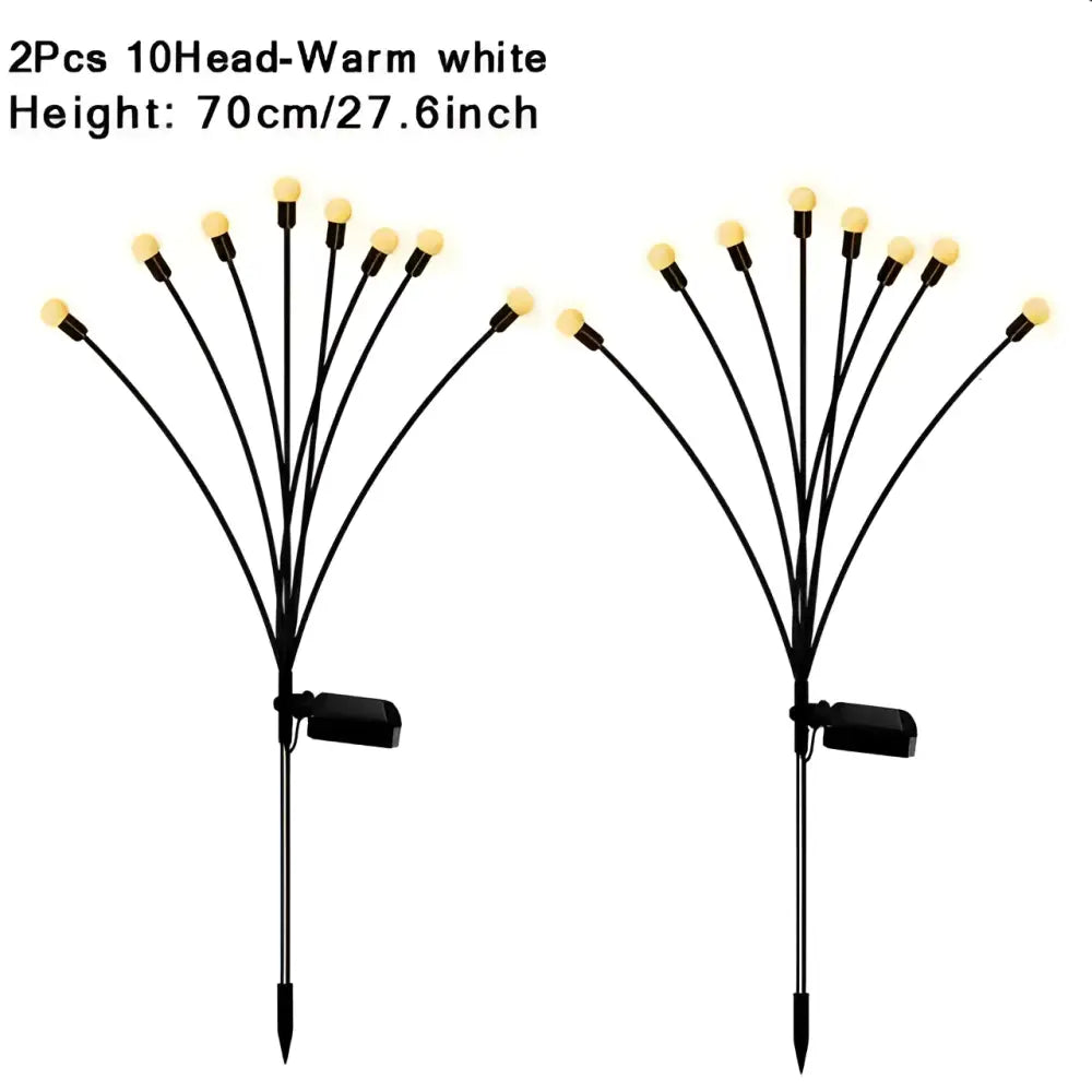 Black solar firefly lights garden stakes with ten warm white led bulbs in a fan-like rgb solar firefly design