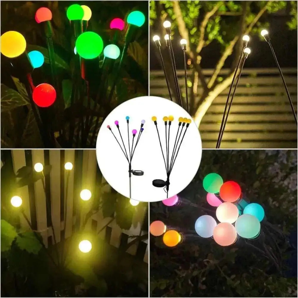 Rgb six head solar firefly lights are colorful spherical garden stakes with black stems and small solar panels for outdoor use
