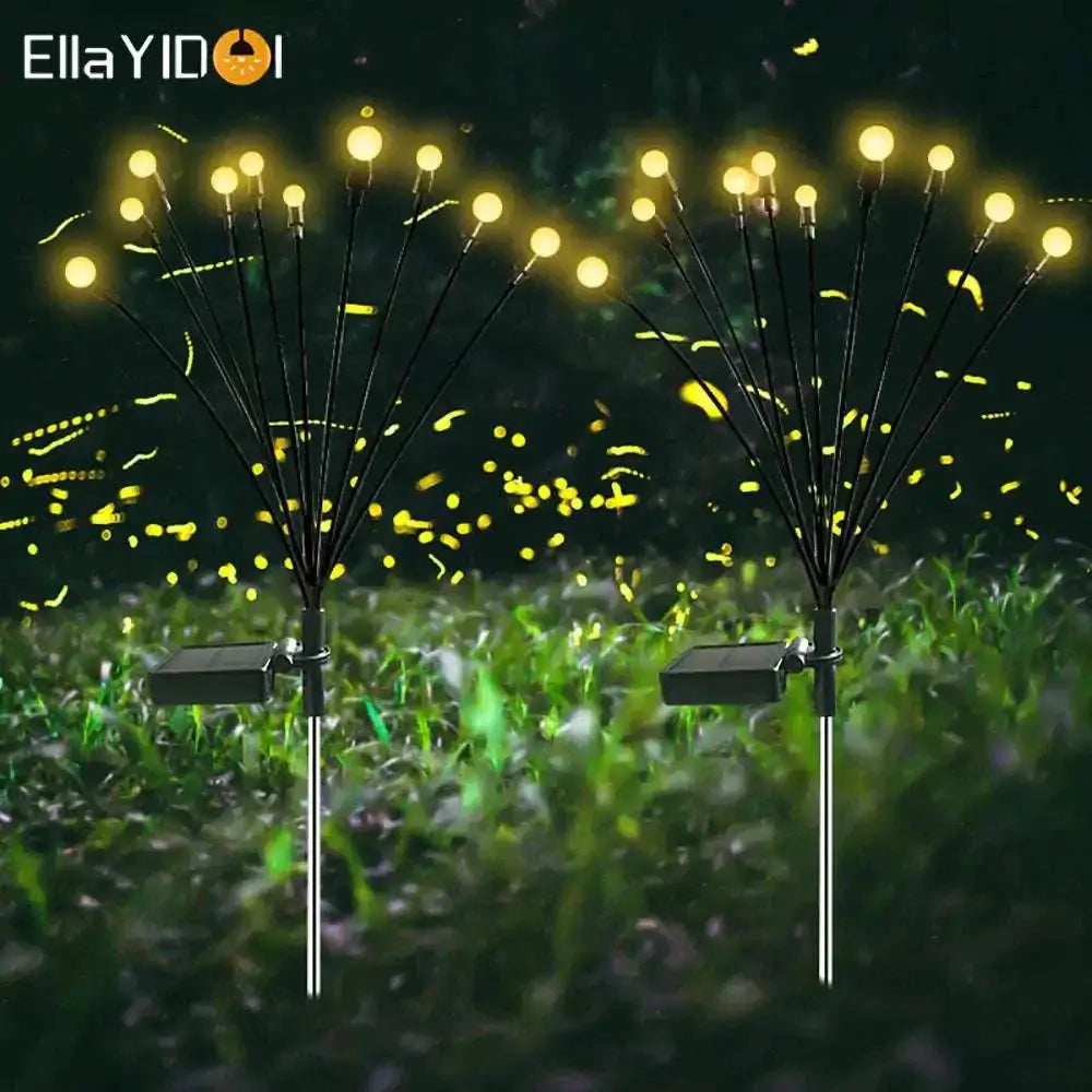 Ellayidoi rgb six head solar firefly lights with black stems and glowing yellow orbs for garden decoration