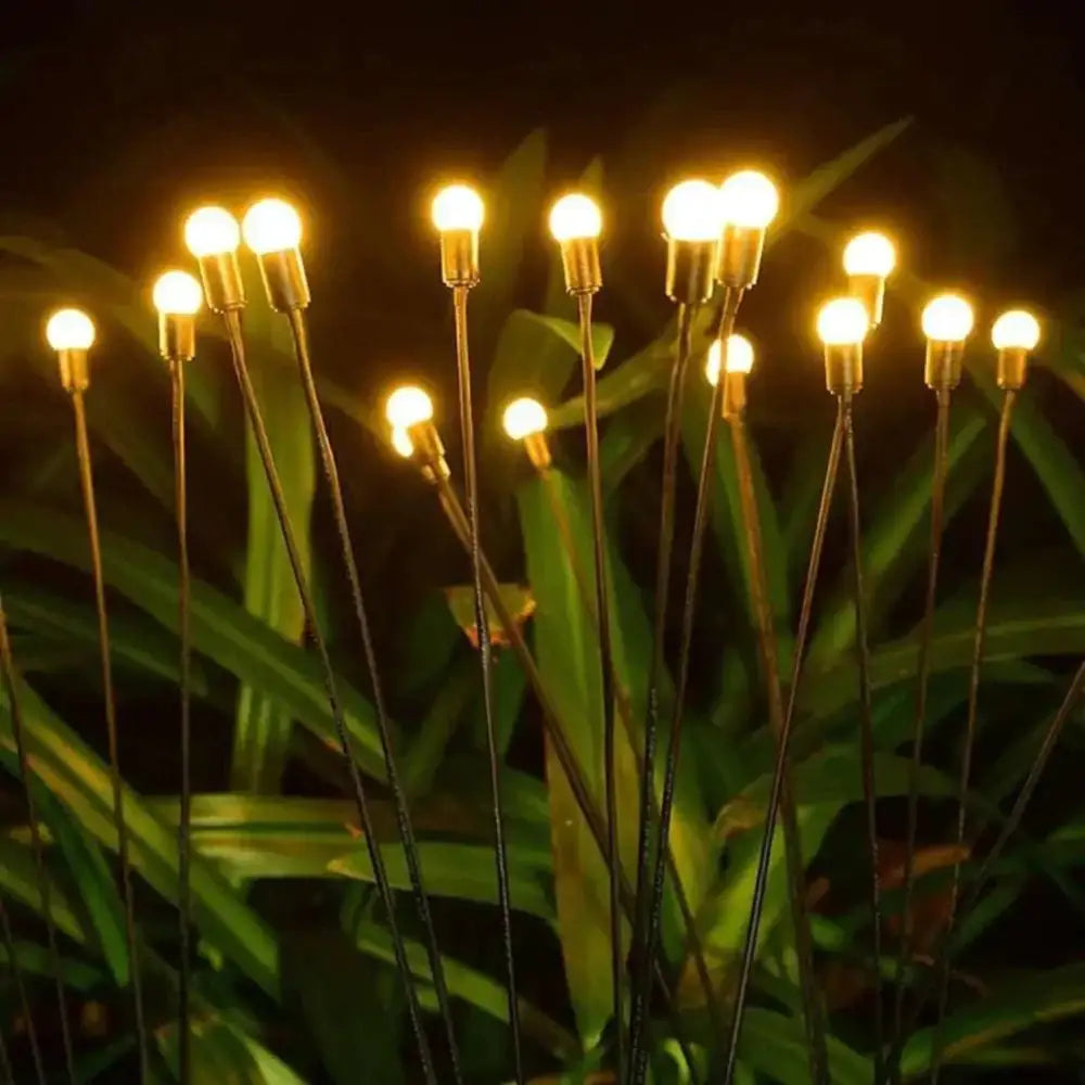 Rgb six head solar firefly lights garden stakes with golden led lights on black stems designed as glowing flowers solar firefly lights