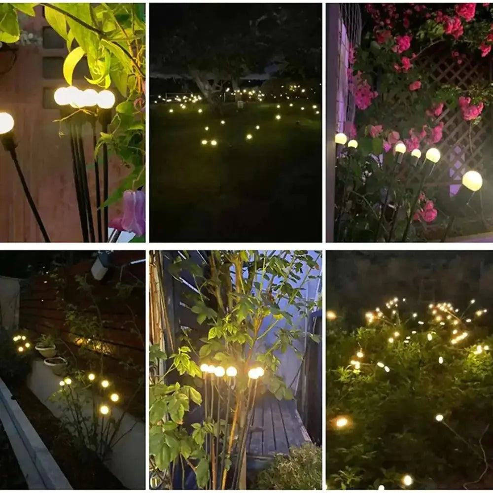 Warm white spherical led rgb solar firefly lights with black stems for decorative outdoor garden illumination