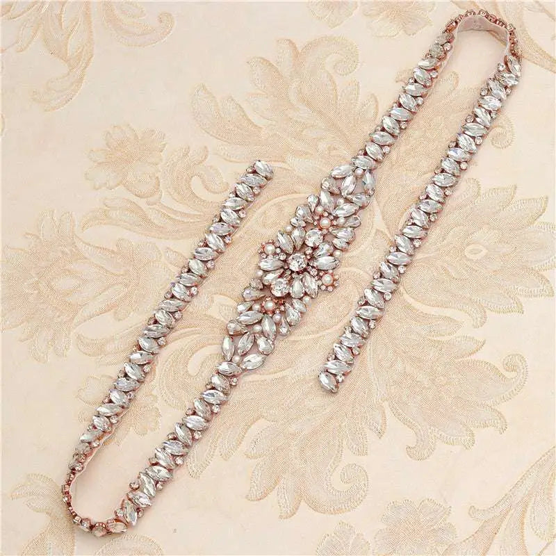 Rose gold beaded bridal belt with central floral rhinestone applique wedding dress waist jewelry and pearls