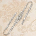 Silver rhinestone applique wedding dress waist jewelry with central floral design and elongated side straps