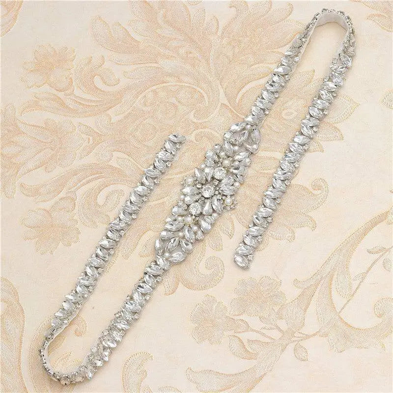 Silver rhinestone applique wedding dress waist jewelry with central floral design and elongated side straps