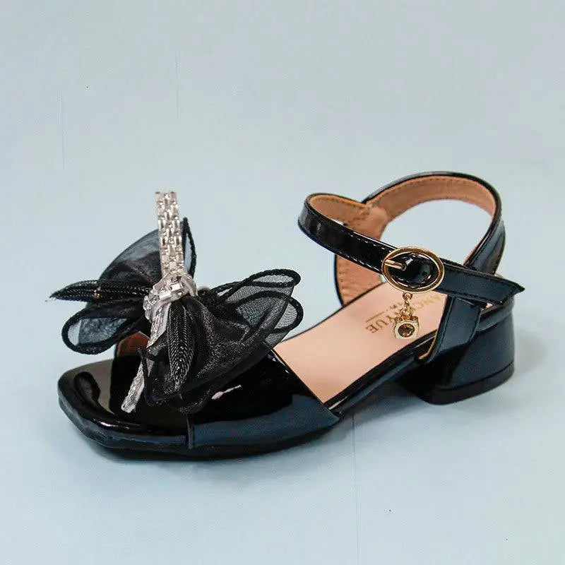 Black patent leather rhinestone bow girl soft-soled net beach shoes with organza bow and gold ankle strap buckle