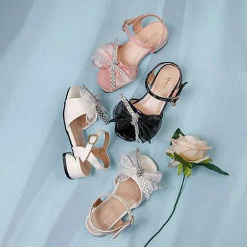 Pink white and black soft-soled net beach shoes for girls with rhinestone bow decoration and sparkling rhinestones