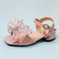 Pink patent leather rhinestone bow girl soft-soled net beach shoes with sheer organza bow and gold ankle strap charm
