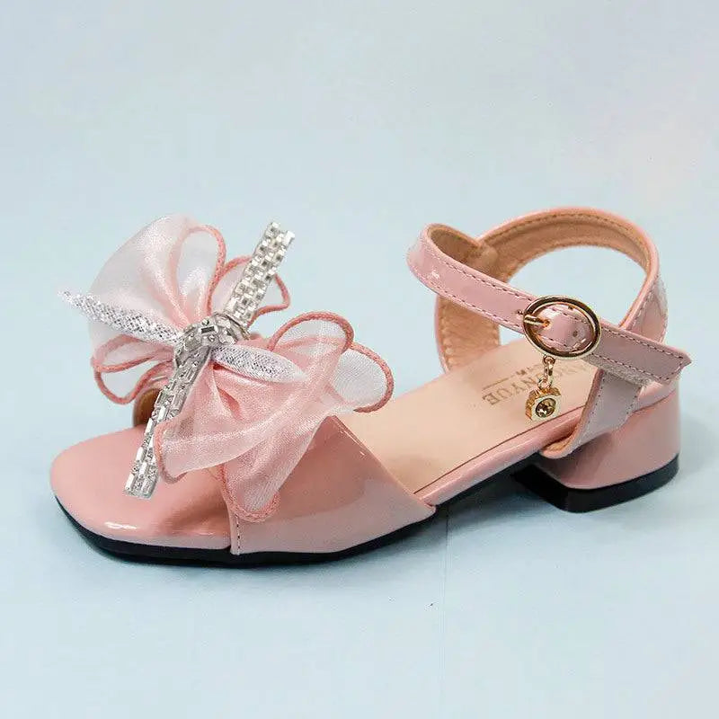 Pink patent leather rhinestone bow girl soft-soled net beach shoes with sheer organza bow and gold ankle strap charm