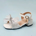White rhinestone bow girl soft-soled net beach shoes with square toe and gold buckle ankle strap for girls