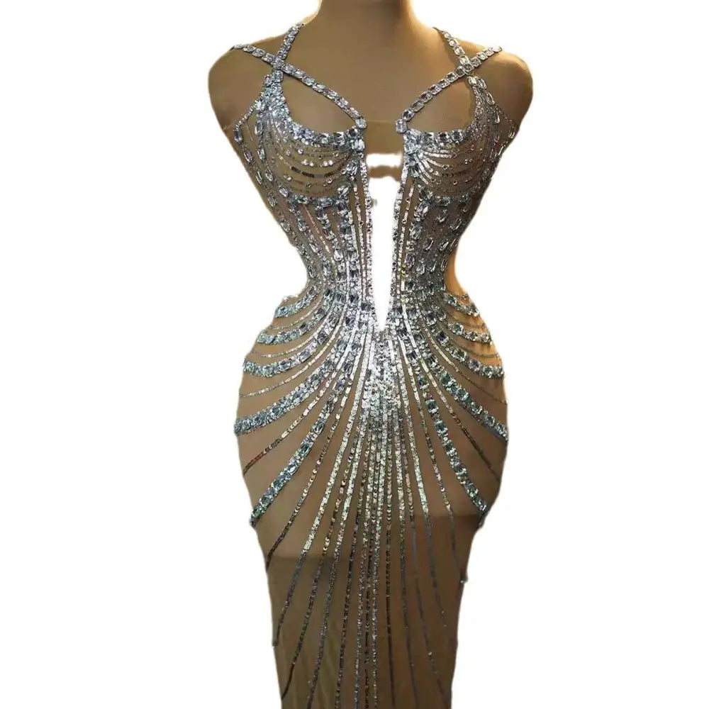 Silver rhinestone feather dress banquet gown with a shimmering beaded silhouette and intricate crystal detailing