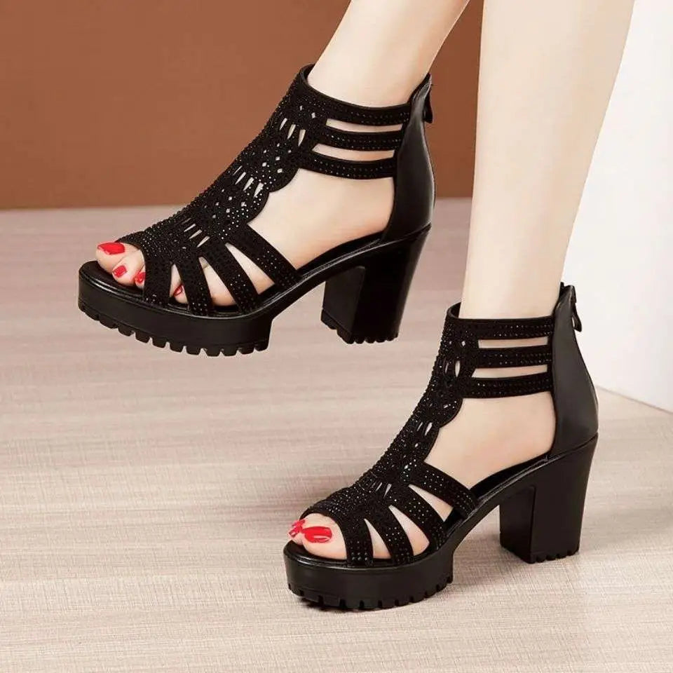 Black rhinestone fish mouth medium platform sandals with chunky heel and intricate lace-up straps adorned with rhinestones