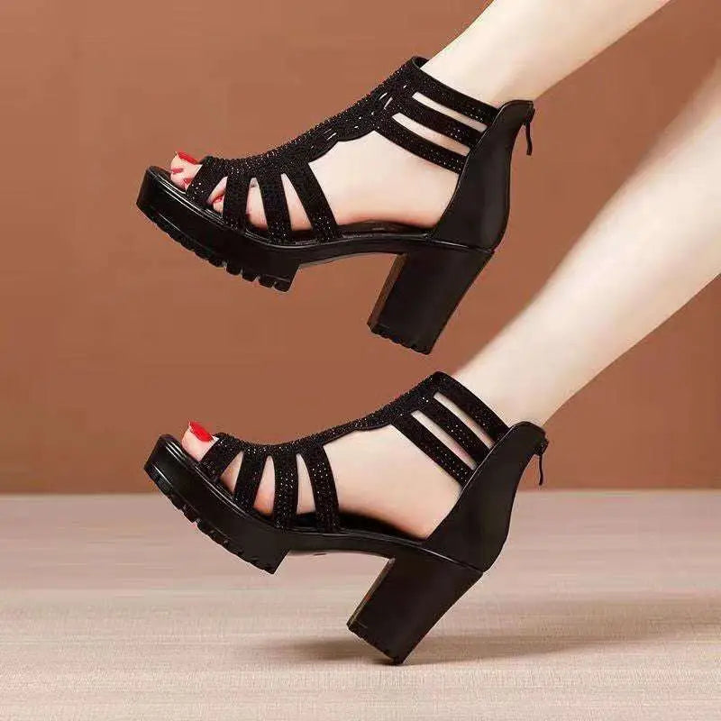 Black rhinestone fish mouth medium platform sandals with chunky heel and decorative sparkling straps