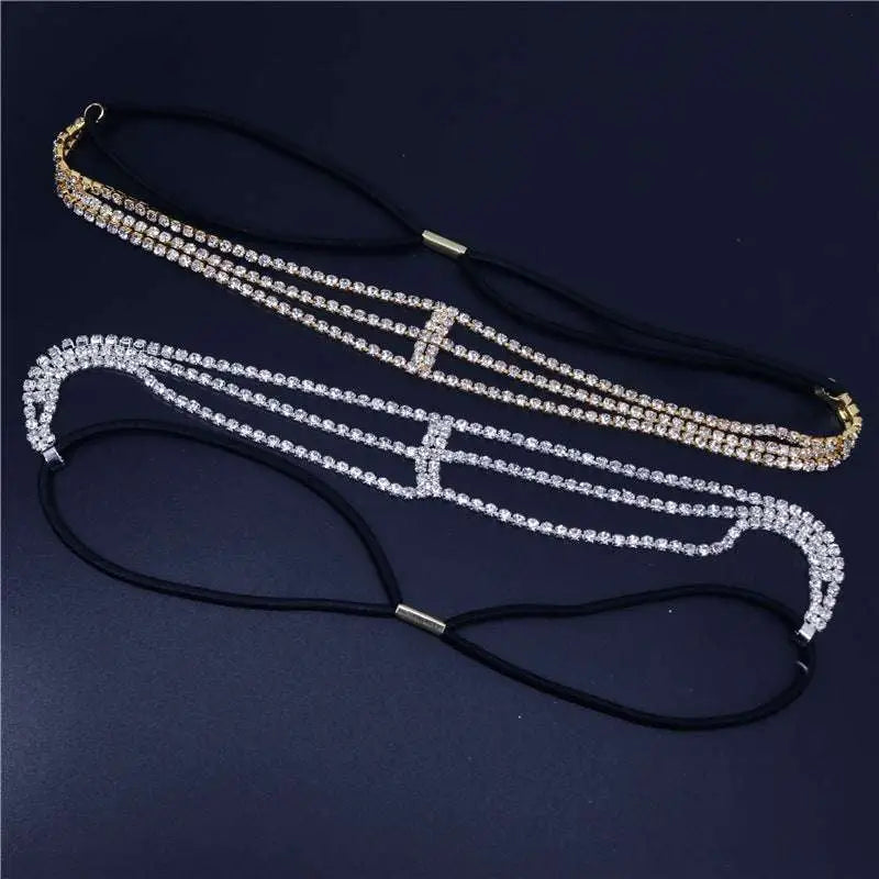 Two crystal-embellished headbands with black elastic bands featuring silver rhinestone headdress and gold drop bridal chain designs
