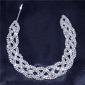 Silver rhinestone headdress featuring an intricate woven design with a simple water drop bridal chain style