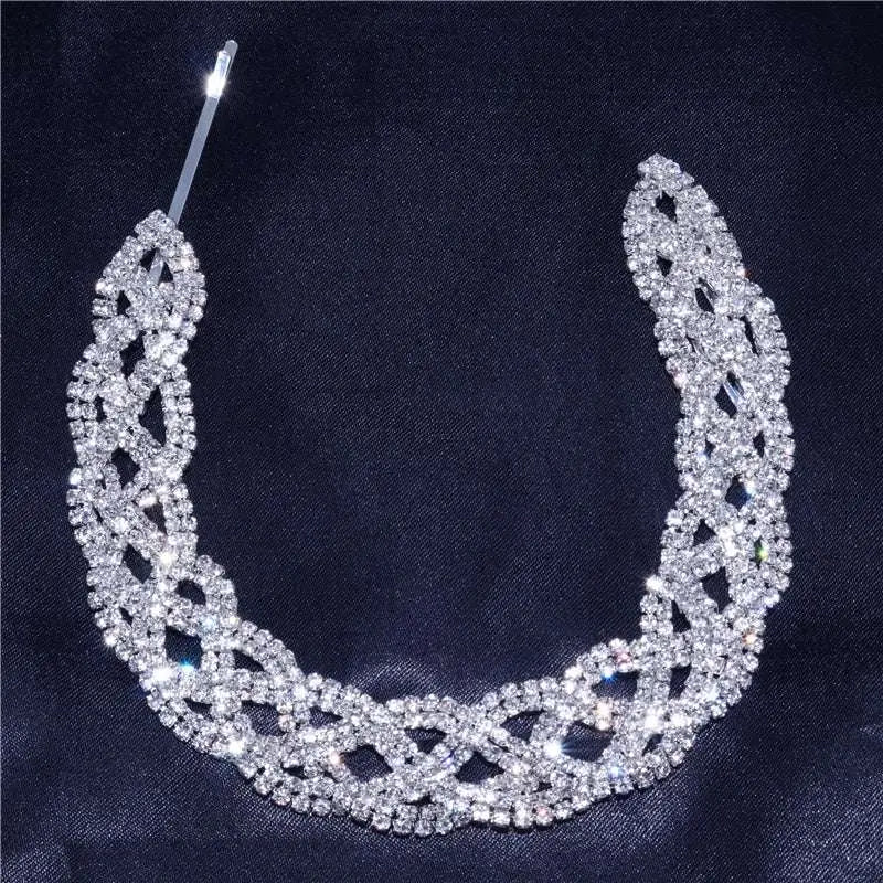 Silver rhinestone headdress featuring an intricate woven design with a simple water drop bridal chain style