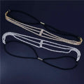 Two crystal-embellished drop bridal chain headbands in gold and silver rhinestone headdress with adjustable black bands