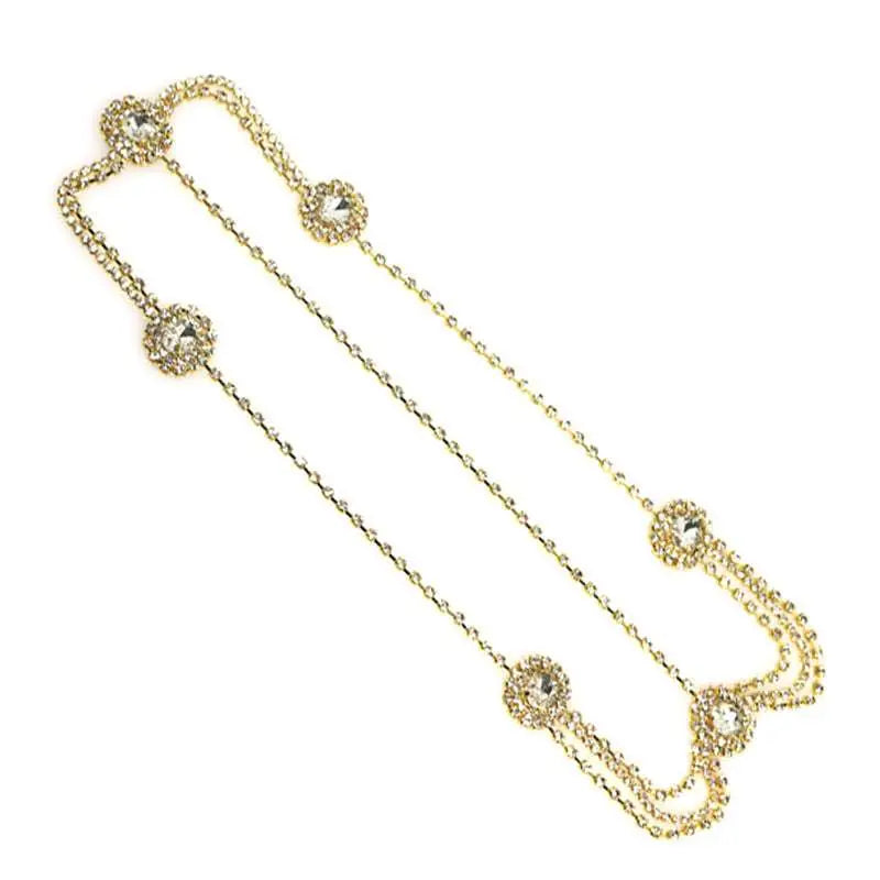 Gold-toned drop bridal chain necklace with five crystal-encrusted circular pendants for a silver rhinestone headdress
