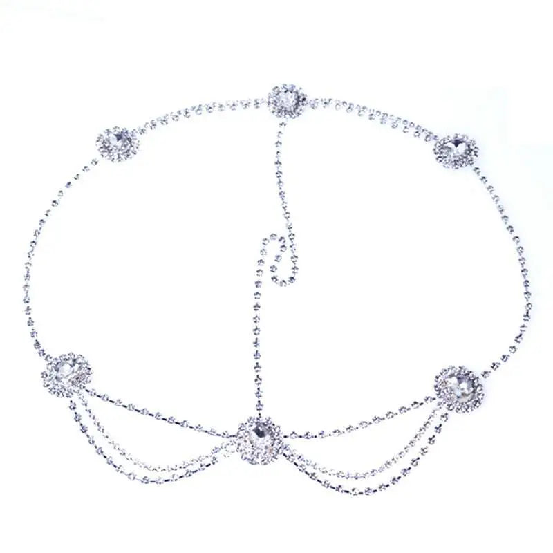 Silver rhinestone headdress with delicate beaded design and sparkling crystal accents water drop bridal chain