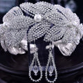 Silver rhinestone leaf handmade headband and earring set with pearls and crystal teardrops for bridal wear