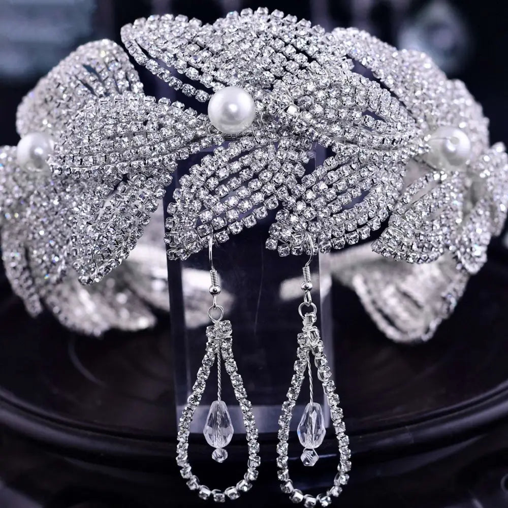 Silver rhinestone leaf handmade headband and earring set with pearls and crystal teardrops for bridal wear