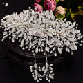 Silver rhinestone leaf handmade delicate bridal headband and earring set with crystals and pearl beads in intricate design