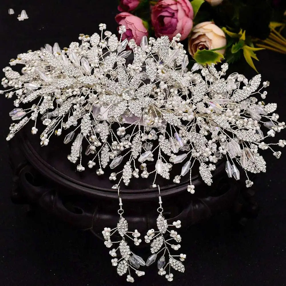 Silver rhinestone leaf handmade delicate bridal headband and earring set with crystals and pearl beads in intricate design