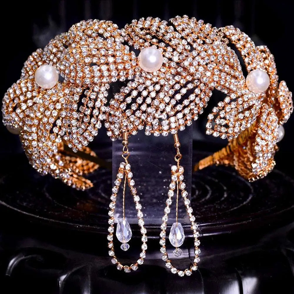 Gold-toned rhinestone leaf handmade headband and earring set with sparkling rhinestones and three white pearls