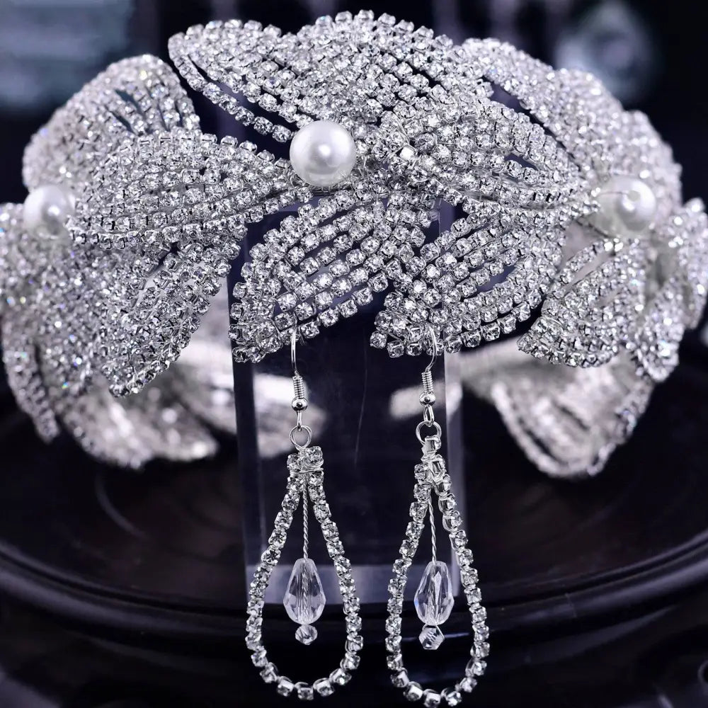 Silver rhinestone leaf handmade headband and earring set with sparkling rhinestones and white pearls for bridal wear