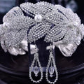 Silver rhinestone leaf handmade headband and earring set with sparkling rhinestones and white pearls for bridal wear