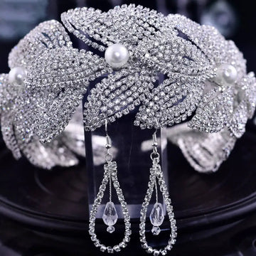 Silver rhinestone leaf handmade headband and earring set with sparkling rhinestones and white pearls for bridal wear