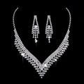 Silver rhinestone zircon water drop necklace and matching drop earrings set with v-shaped cascading crystals