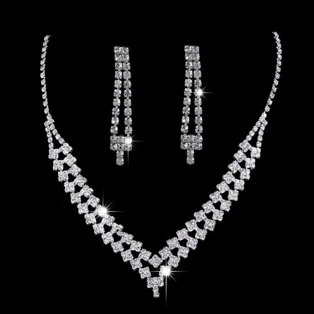 Sparkling silver rhinestone zircon water drop necklace and matching drop earrings set for elegant occasions