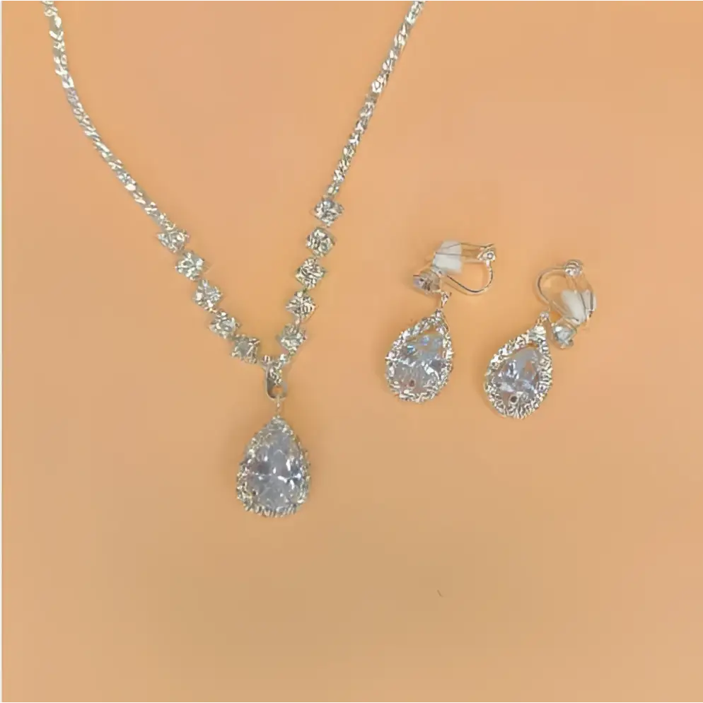 Silver-toned rhinestone zircon water drop necklace and matching drop earrings featuring sparkling cubic zirconia stones
