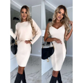 Cream-colored ribbed knit two-piece outfit with long-sleeved top and tight suspender skirt perfect for skirt fashion autumn