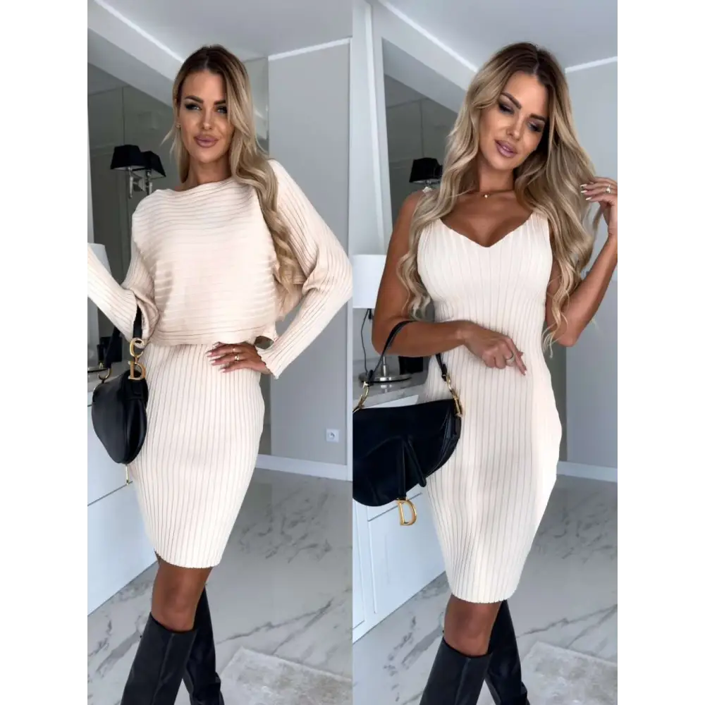Cream-colored ribbed knit two-piece outfit with long-sleeved top and tight suspender skirt perfect for skirt fashion autumn