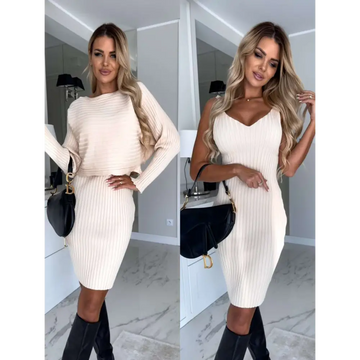 Cream-colored ribbed knit two-piece outfit with long-sleeved top and tight suspender skirt perfect for skirt fashion autumn