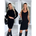 Black ribbed knit midi dress with long sleeves and round neckline paired with black knee-high boots for skirt fashion autumn
