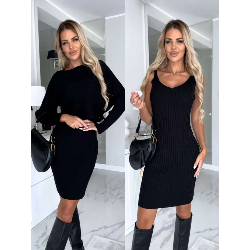 Black ribbed knit midi dress with long sleeves and round neckline paired with black knee-high boots for skirt fashion autumn