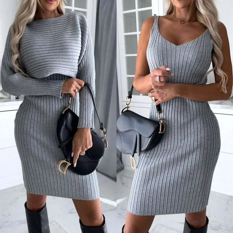 Gray ribbed knit long sleeve dress and matching sleeveless tight suspender skirt paired with black boots and dior bag