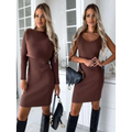 A stylish brown ribbed knit sleeveless dress with fitted silhouette paired with black boots for skirt fashion autumn
