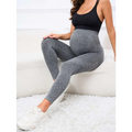 Gray ribbed maternity leggings with high waist belly support worn by a pregnant woman for comfort and flexibility